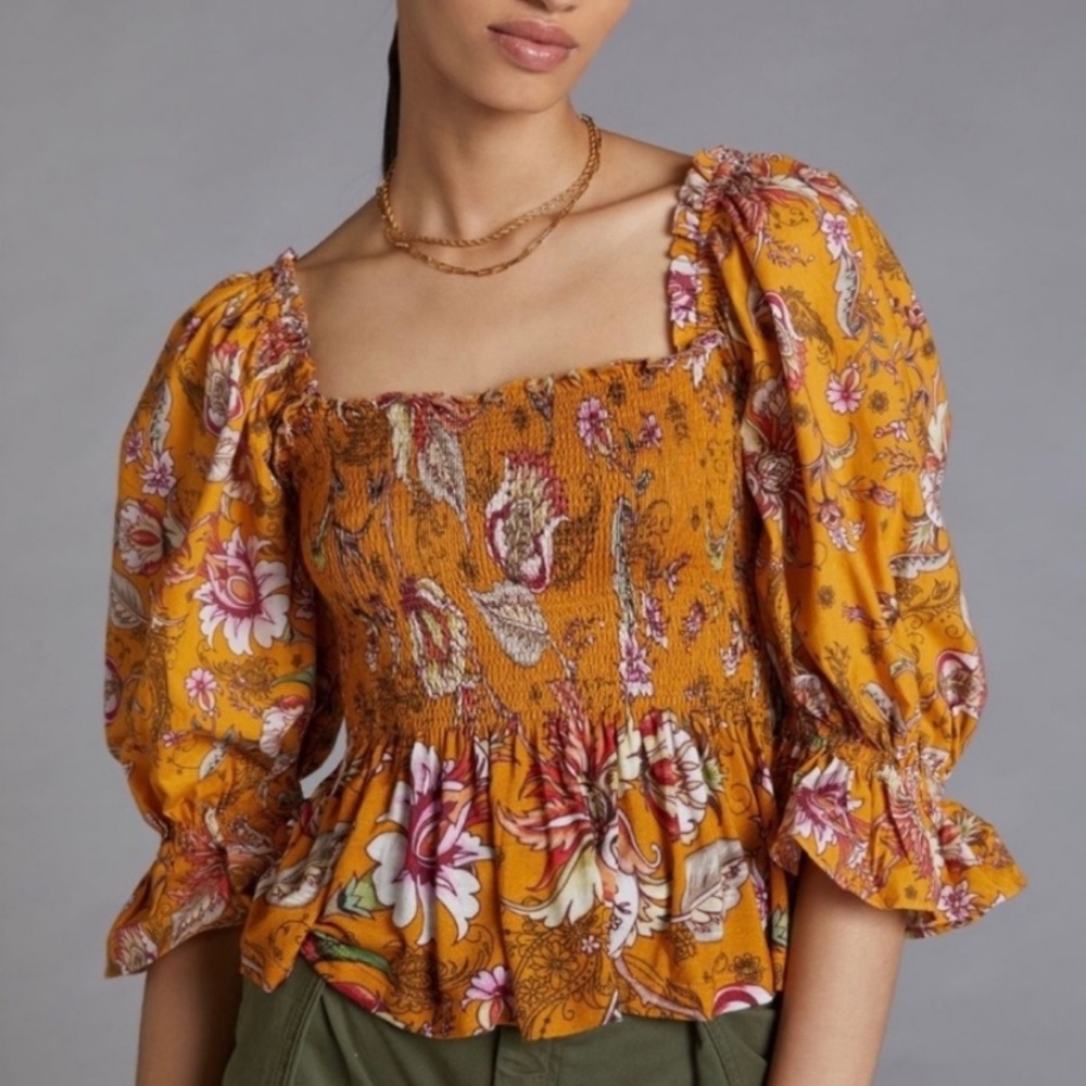 Anthropologie Conditions Apply Smocked Sweetheart Crop Blouse XX Small (Petite)